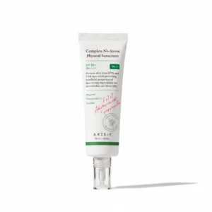 A bottle of AXIS-Y Mineral Sunscreen SPF 50+ with a white and blue label. The sunscreen is a white, creamy texture.