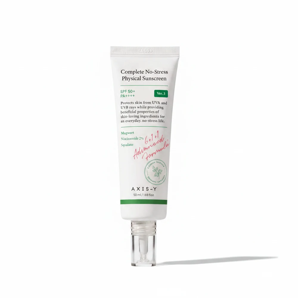 A bottle of AXIS-Y Mineral Sunscreen SPF 50+ with a white and blue label. The sunscreen is a white, creamy texture.