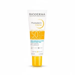 A bottle of Bioderma Photoderm MAX SPF 50+ Face Sunscreen with a white and blue label. The sunscreen has a lightweight, non-greasy formula designed for dry skin types.