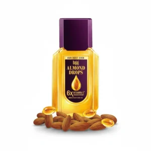 A bottle of Bajaj Almond Drops Hair Oil, 100ml. The bottle has a white label with the Bajaj logo and 'Almond Drops' text. The oil inside appears light yellow in color.