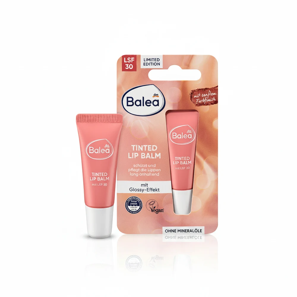 A white and blue tube of Balea Moisturizing Lip Balm with SPF 15. The label displays the Balea brand name and product details.