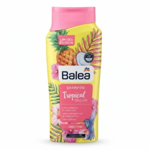 Bottle of BALEA Replenishing Shampoo with white label and green accents. The shampoo is a clear, light blue-green color.