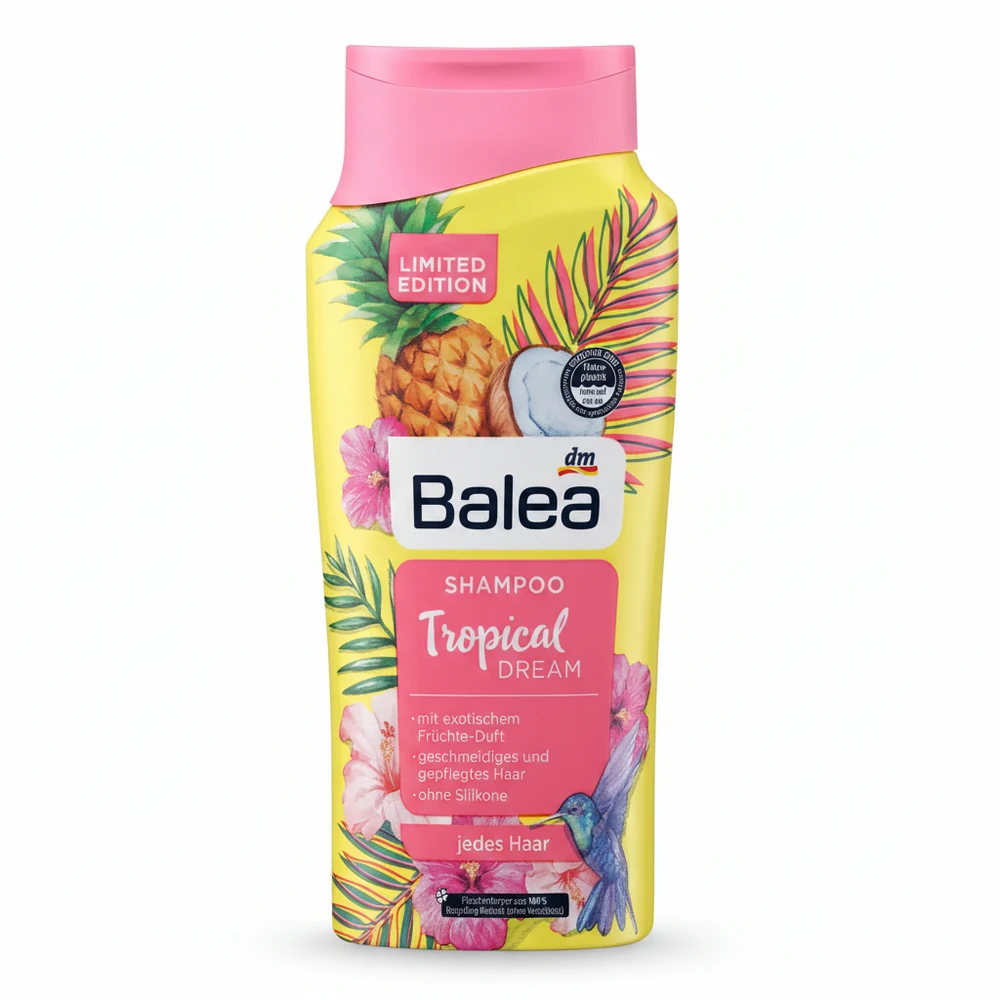 Bottle of BALEA Replenishing Shampoo with white label and green accents. The shampoo is a clear, light blue-green color.