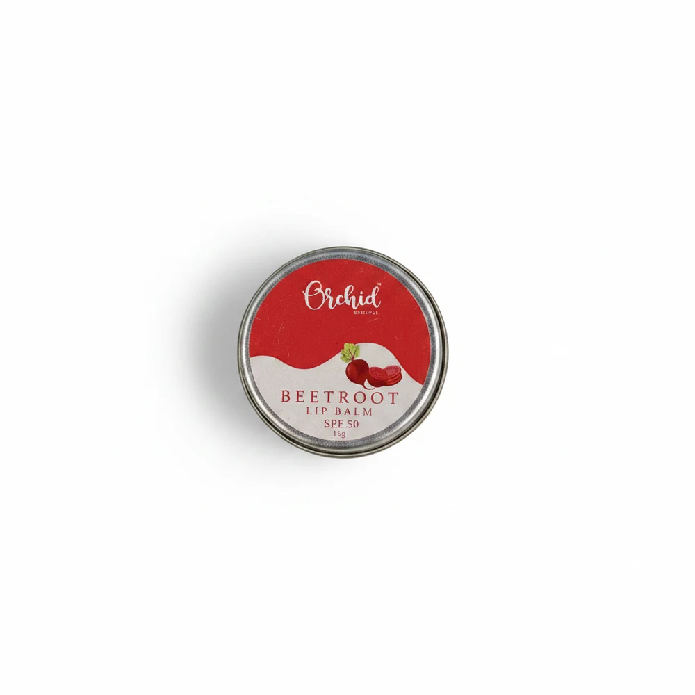A tube of Aravi Organic Beetroot Lip Balm SPF 50. The tube is round with a red label that says 'Aravi' and 'SPF 50' in large text.