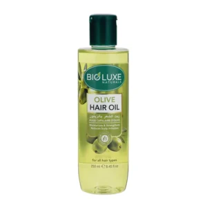 A bottle of Biolux Natural Hair Oil with a white label and green accents. The bottle contains 250ml of product.