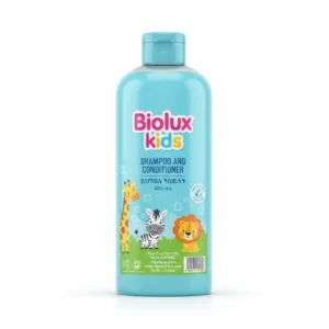A bottle of Biolux Kids Shampoo & Conditioner in a bright blue color with a white cap. The label features the Biolux logo and 'Kids' text.