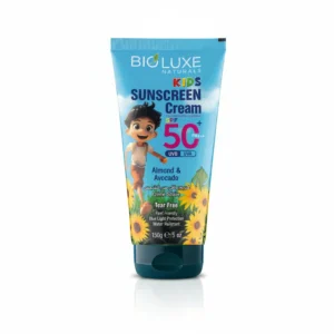 A bottle of BioLuxe Kids Sunscreen SPF 50 in a white and blue package. The label displays the product name, SPF rating, and a graphic of a child playing outdoors.