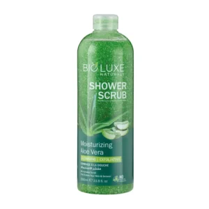A white and green 1000ml bottle of BioLuxe Moisturizing Aloe Vera Shower Scrub with a textured label