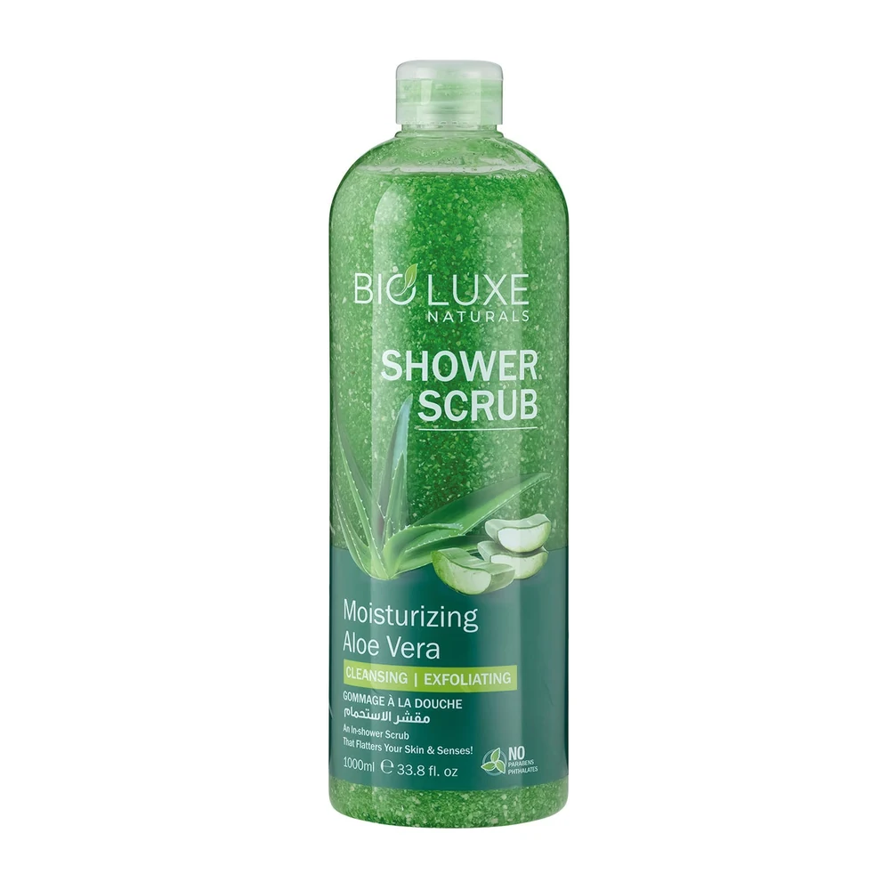 A white and green 1000ml bottle of BioLuxe Moisturizing Aloe Vera Shower Scrub with a textured label