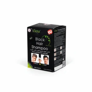 A box of Dexe Black Hair Shampoo packets in black and white packaging, with the product label visible.