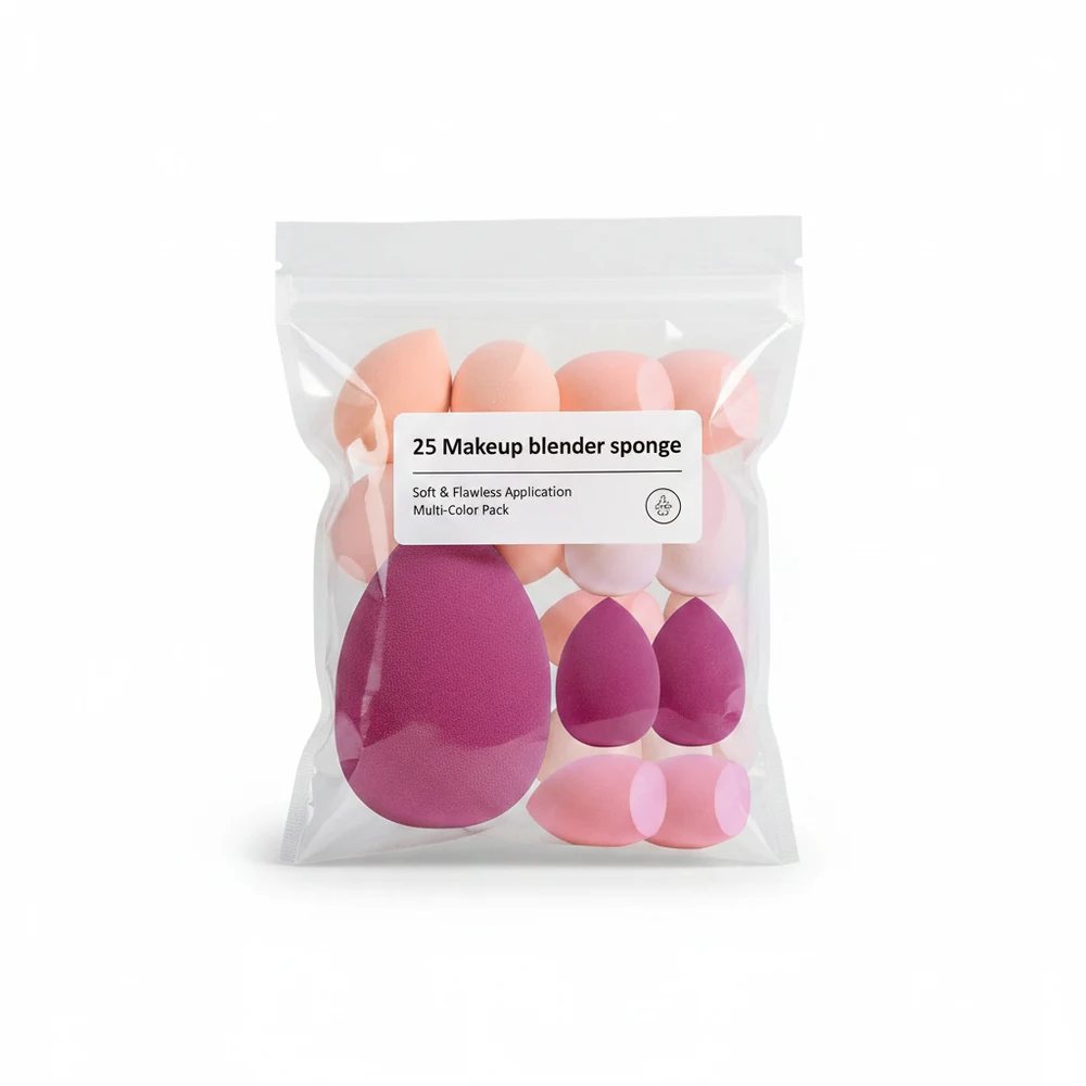 A violet-colored, teardrop-shaped makeup sponge with a textured surface for blending foundation, powder, and cream products.