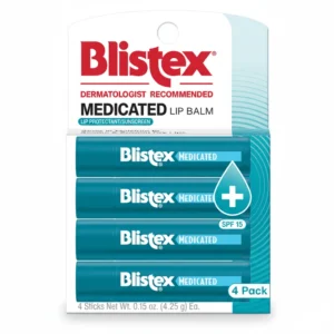 A white and blue tube of Blistex Medicated Lip Balm with the Blistex logo and 'SPF 15' printed on the label.