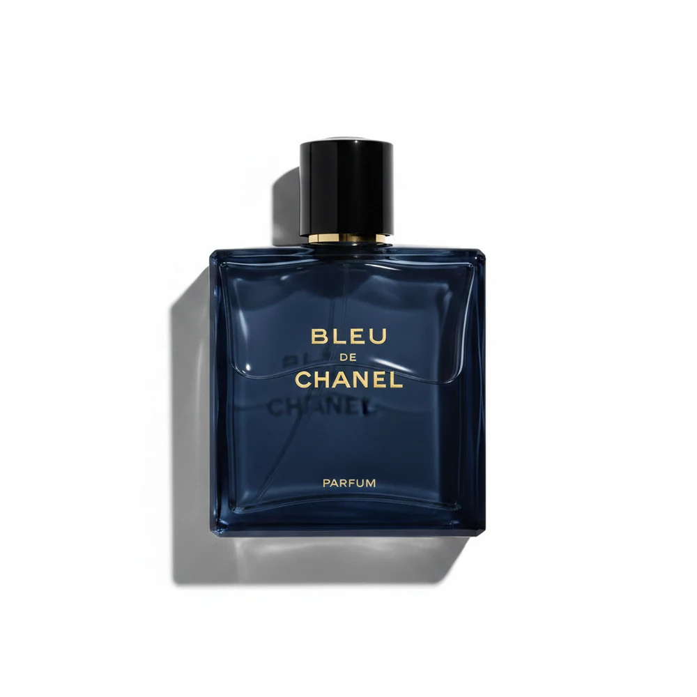 Bottle of Chanel Bleu de Chanel Eau de Parfum Spray in blue and gold packaging