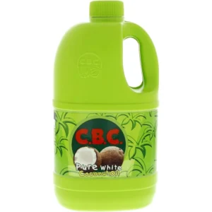 A white glass jar filled with clear, unrefined coconut oil. The label features the C.B.C brand name in black text.