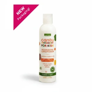A bottle of Cantu Care for Kids Nourishing Conditioner in a light blue color with a white label. The label displays the Cantu logo and product name.