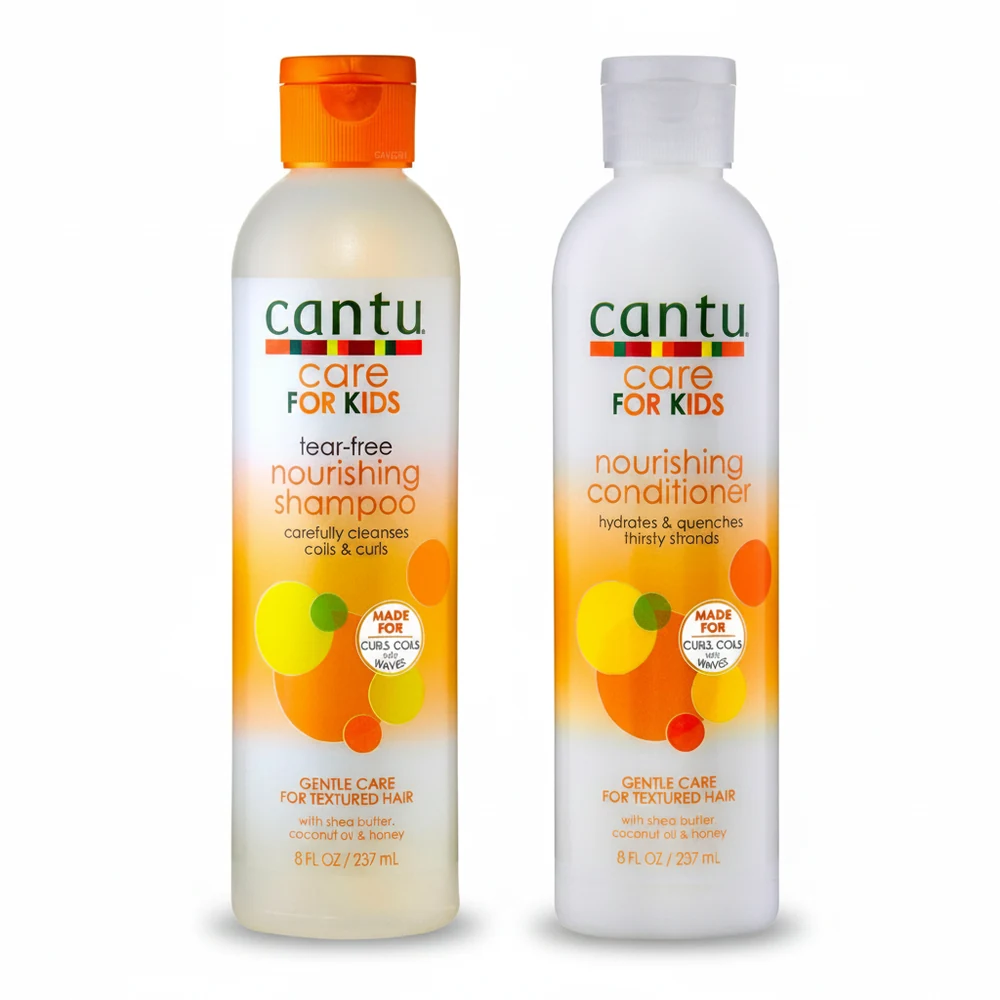 A bottle of Cantu Care For Kids Shampoo and Conditioner in a light blue color with the Cantu logo and product name printed on the label.