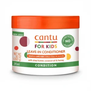 A white bottle of Cantu Kids Leave-In Conditioner with a green cap. The label features the Cantu logo and text describing the product as a leave-in conditioner with shea butter.