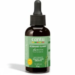 A bottle of Cantu Rosemary Oil with a green label and cap. The bottle contains 95ml of the nourishing hair oil.