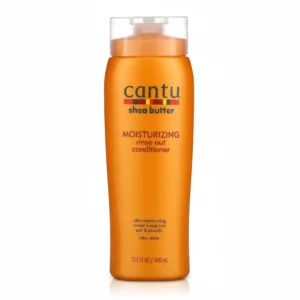 A bottle of Cantu Shea Butter Moisturizing Rinse Out Conditioner with a white and green label, showing the product name and size (400ml).