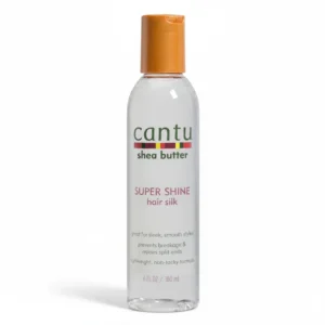A white bottle with a green label, containing Cantu Shea Butter Super Shine Hair Silk lotion. The label displays the Cantu brand name and product name.