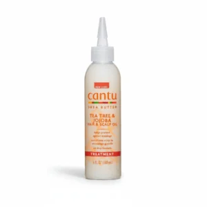 A bottle of Cantu Shea Butter Tea Tree & Jojoba Hair & Scalp Oil with a green and white label. The bottle contains 180ml of product.