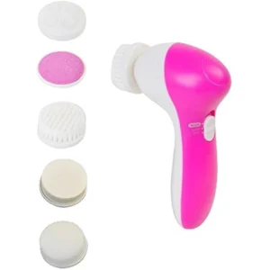 A white, handheld 5-in-1 beauty massager device with 5 interchangeable massage heads of different shapes and sizes.