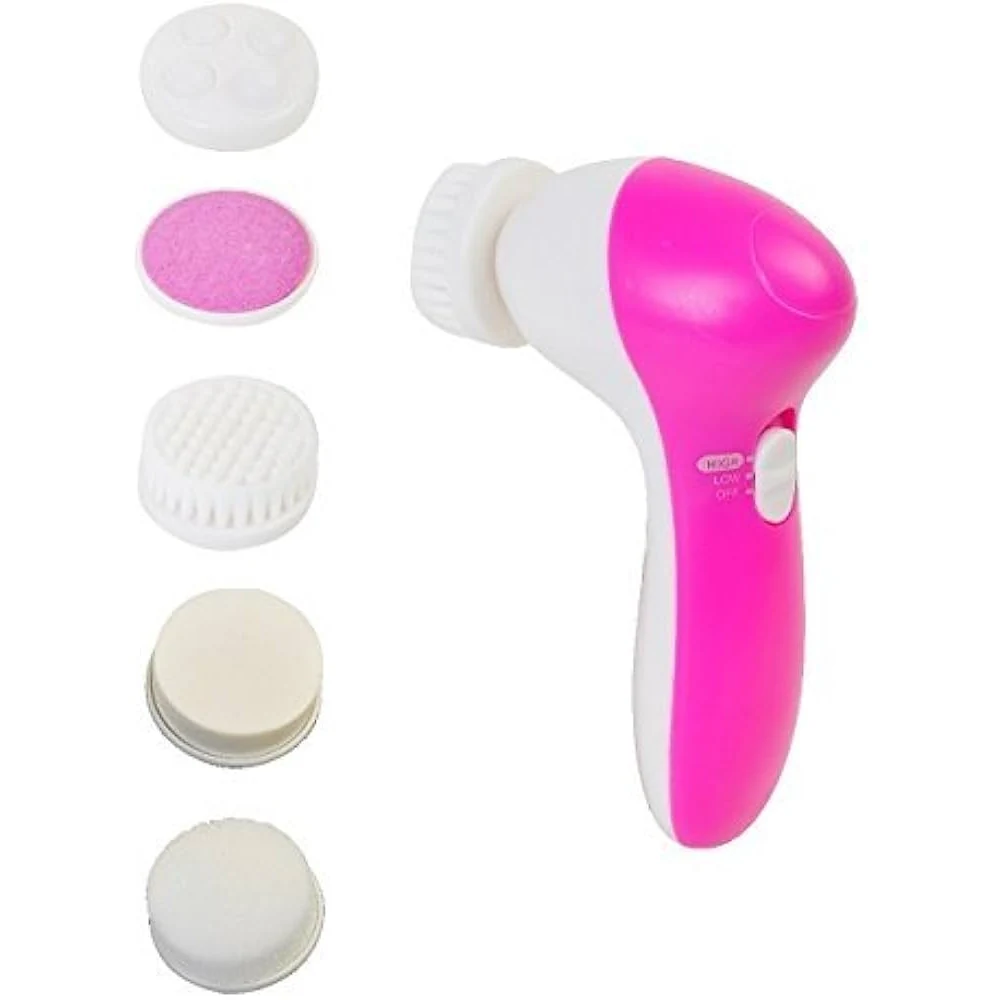A white, handheld 5-in-1 beauty massager device with 5 interchangeable massage heads of different shapes and sizes.