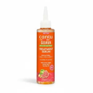 A bottle of Cantu Guava & Ginger Scalp Nourishing Treatment Serum with a green and white label.