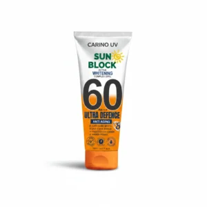 A black bottle of Carino UV Block SPF 60 sunscreen with a green label and cap. The bottle is 15cm tall and 9cm wide, with a weight of 80 grams.