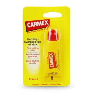 A yellow and white cylindrical lip balm tube with the Carmex logo and label