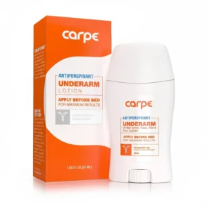 A white tube of Carpe Antiperspirant Lotion with a blue label. The label displays the Carpe logo and indicates the product is for use on underarms, face, hands, and feet.