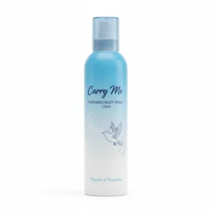 A 120ml bottle of Carry Me Perfumed Body Spray in a white and gold color scheme. The label features the brand name and product name.