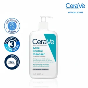 A white bottle with a blue label, containing a clear liquid face wash. The label displays the CeraVe brand name and 'Acne Control Cleanser' text.