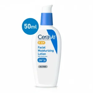 A white bottle of CeraVe AM Facial Moisturizing Lotion SPF50 with a blue and white label. The bottle has a pump dispenser on top.