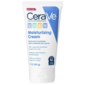 A bottle of CeraVe Baby Moisturizing Lotion and a bottle of CeraVe Baby Shampoo, both in white packaging with the CeraVe logo.