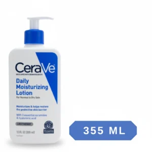 A white bottle of CeraVe Daily Moisturizing Lotion with a blue label. The bottle has a pump dispenser on top.