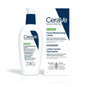 A white tube of CeraVe Facial Moisturizing Lotion PM with a blue label. The tube has a flip-top cap and displays the CeraVe logo and product name.