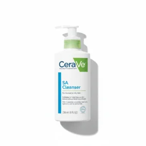 A white bottle with a blue and green label, containing CeraVe Renewing SA Cleanser 236ml