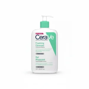 A white bottle with a blue label, containing CeraVe Foaming Facial Cleanser. The label displays the product name and size (355 ml).