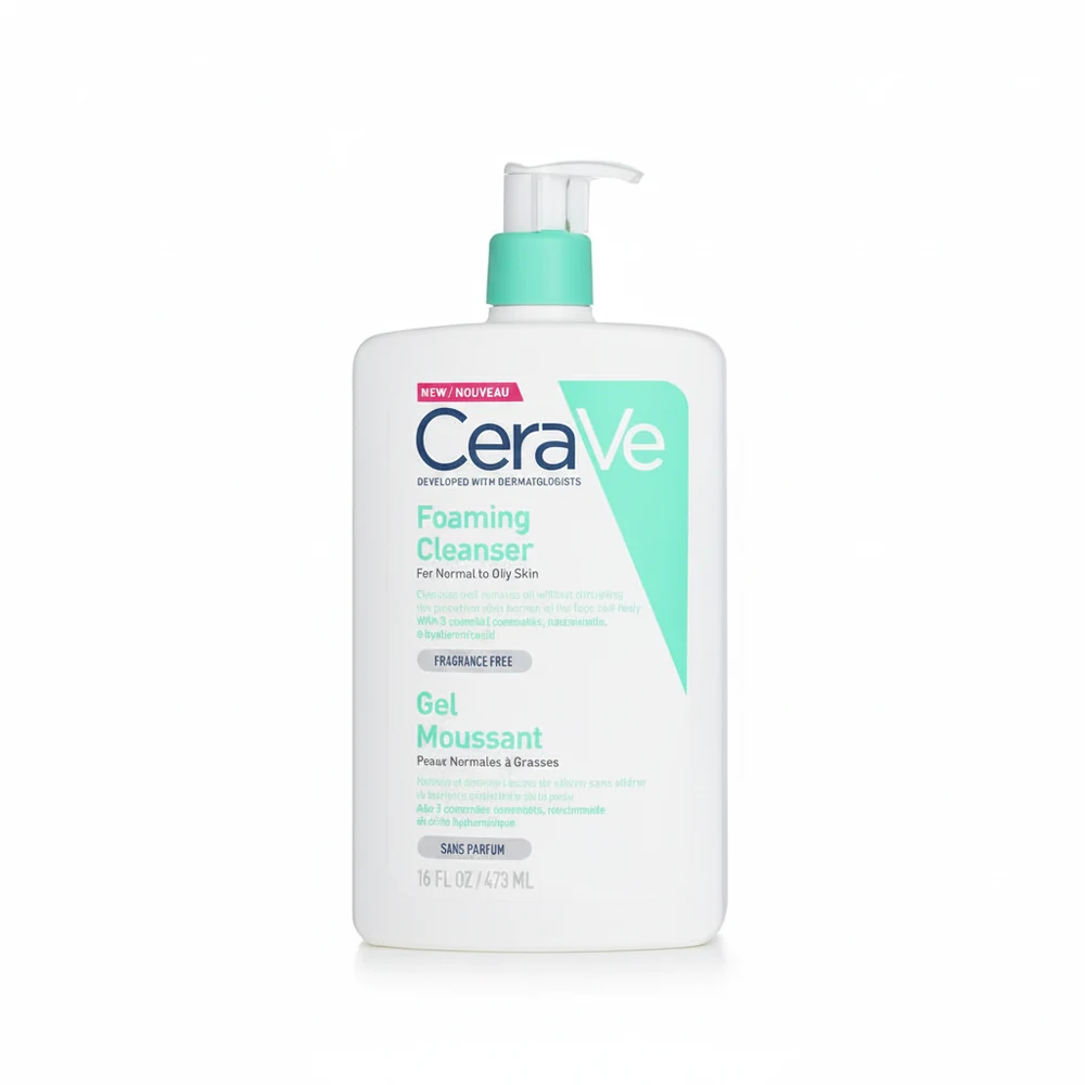 A white bottle with a blue label, containing a clear foaming gel cleanser. The label displays the CeraVe brand name and product name.