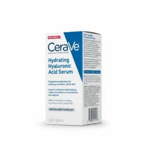 A clear glass bottle with a white label containing the CeraVe logo and product name. The serum inside the bottle is a clear, colorless liquid.