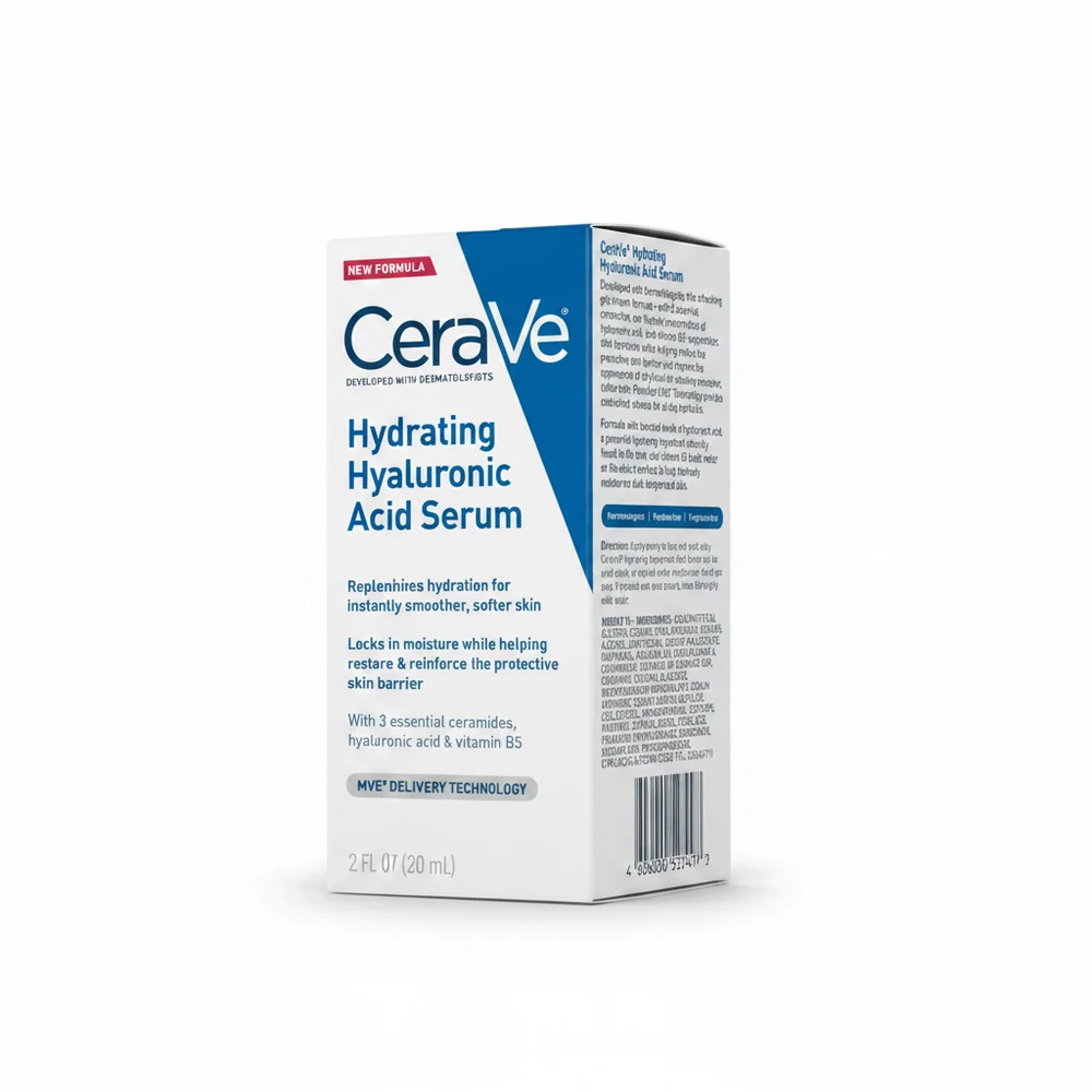 A clear glass bottle with a white label containing the CeraVe logo and product name. The serum inside the bottle is a clear, colorless liquid.