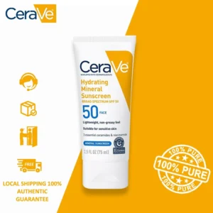 A tube of CeraVe Hydrating Mineral Sunscreen SPF 30 in a light beige color with the CeraVe logo and product name on the label.
