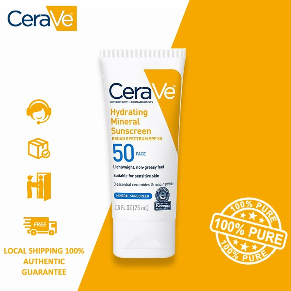 A tube of CeraVe Hydrating Mineral Sunscreen SPF 30 in a light beige color with the CeraVe logo and product name on the label.