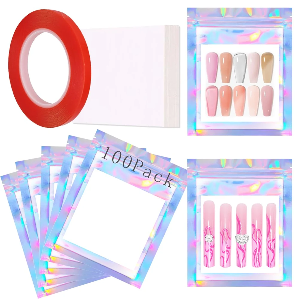 A set of 7 holographic nail polish bottles in various vibrant colors, with a transparent, holographic cardboard packaging.