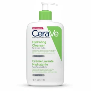 A white bottle with a pump dispenser, labeled 'CeraVe Hydrating Cream-to-Foam Cleanser 473ml'.