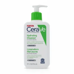 A white bottle with a blue label, containing CeraVe Hydrating Facial Cleanser. The label displays the product name and size.