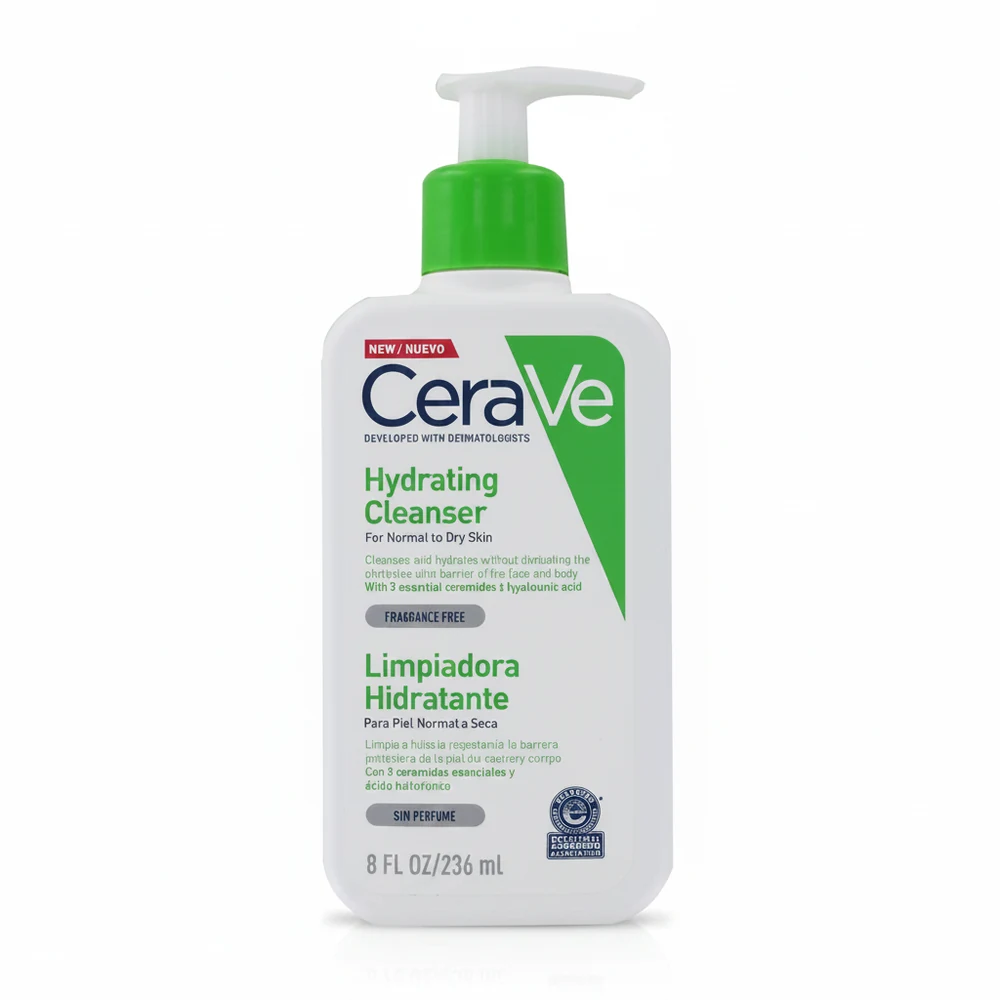 A white bottle with a blue label, containing CeraVe Hydrating Facial Cleanser. The label displays the product name and size.