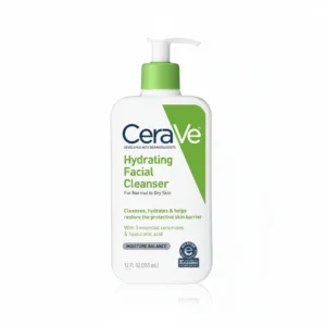 A white bottle with a blue label, containing a clear, viscous facial cleanser. The CeraVe logo and product name are displayed on the label.