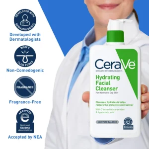 A white bottle with a pump dispenser, labeled 'CeraVe Hydrating Facial Cleanser 562 ml'. The bottle has a blue and white label with the CeraVe logo.